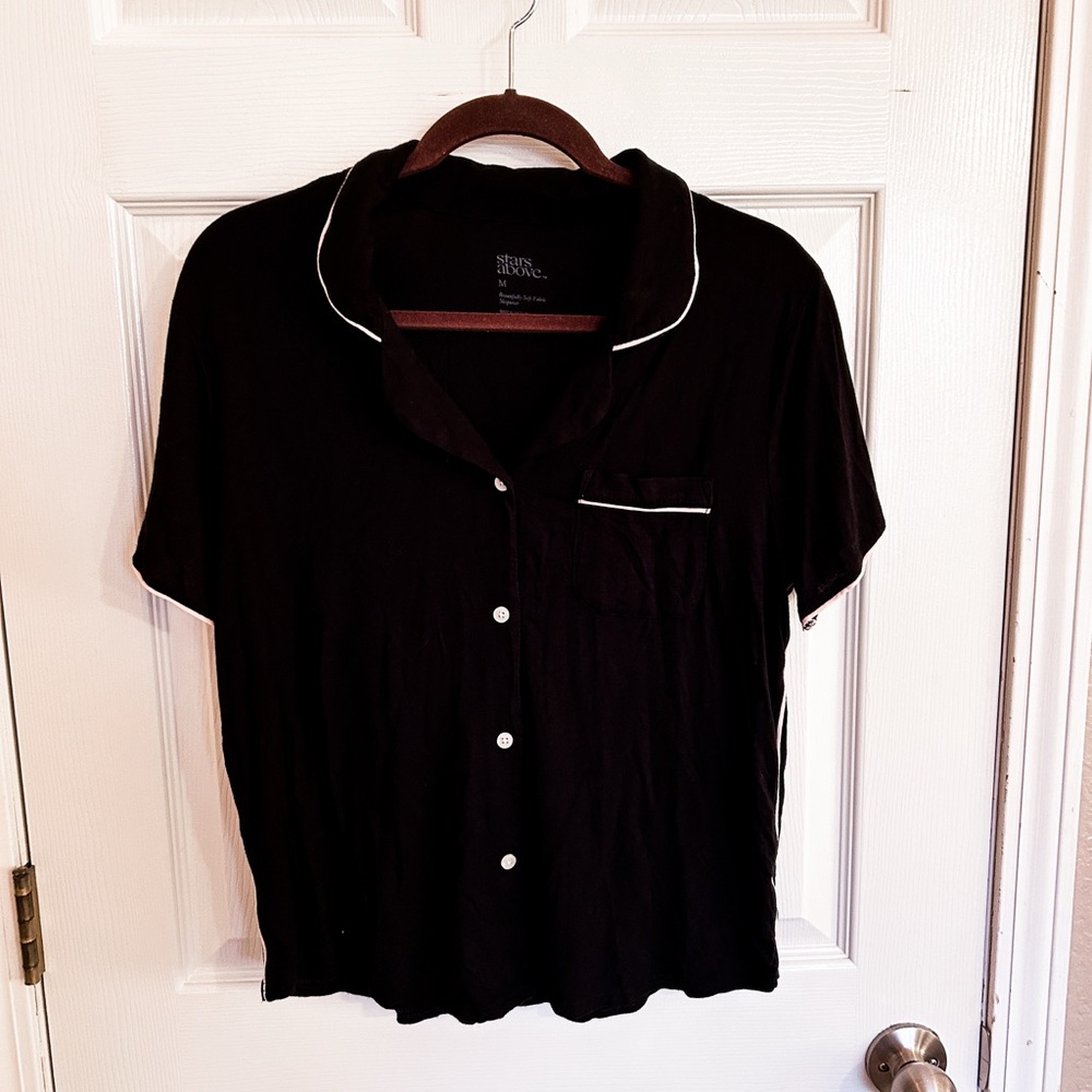 Black Button-Up Sleep Shirt with White Trim